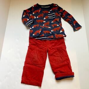 Baby Boden Fox Striped Reversible Long Sleeve Shirt & Red Knee Patch Pants